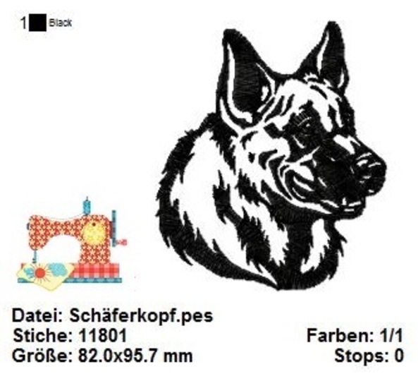 Stickdatei Schäferkopf, Schäferhund Stickdatei in 2 Größen, Stickdatei Hund