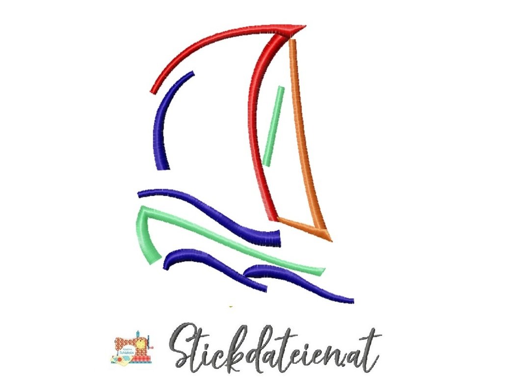 Abstraktes Stickmotiv eines Segelboots mit bunten, geschwungenen Wellen