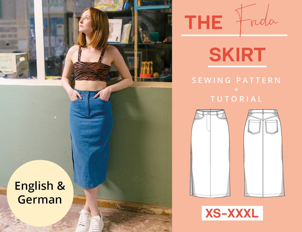 Schnittmuster Jeansrock nähen, Midi High Waist, Langer Rock mit Schlitz