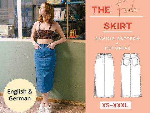 Schnittmuster Jeansrock nähen, Midi High Waist, Langer Rock mit Schlitz