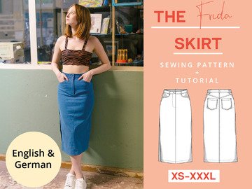 Sewing pattern denim skirt, midi high waist, long skirt with slit