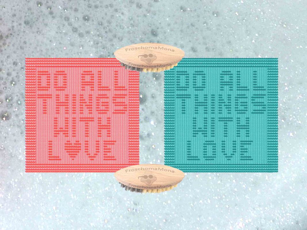 2 Spültücher im Set „ DO ALL THINGS WITH LOVE “ 2 Varianten Topflappen Deko