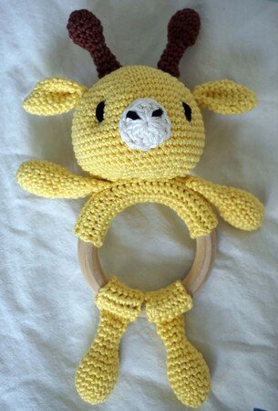 Handgemachte Baby Rassel Mit Beißring - 100% Baumwolle Tierdesign (Reh)