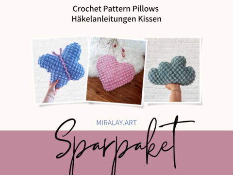 Sparpaket Häkelanleitung Wolken-, Herz- & Schmetterlingskissen
