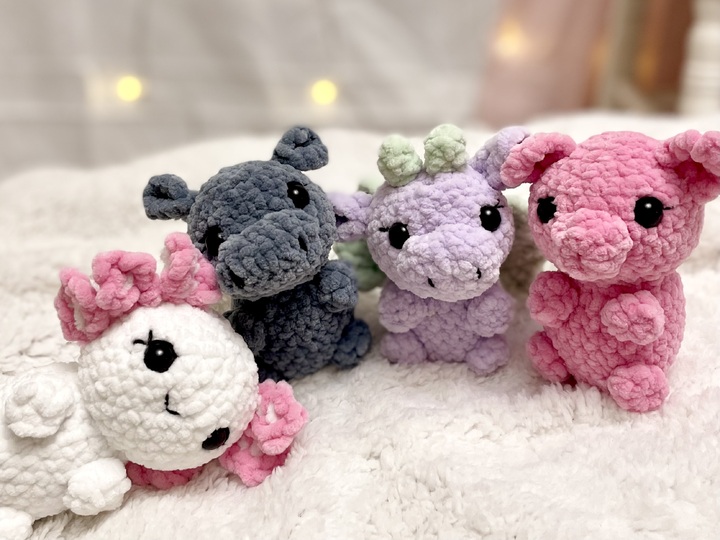 Häkelanleitung Tierbabys Set für Axolotl, Drache, Schwein, Nilpferd