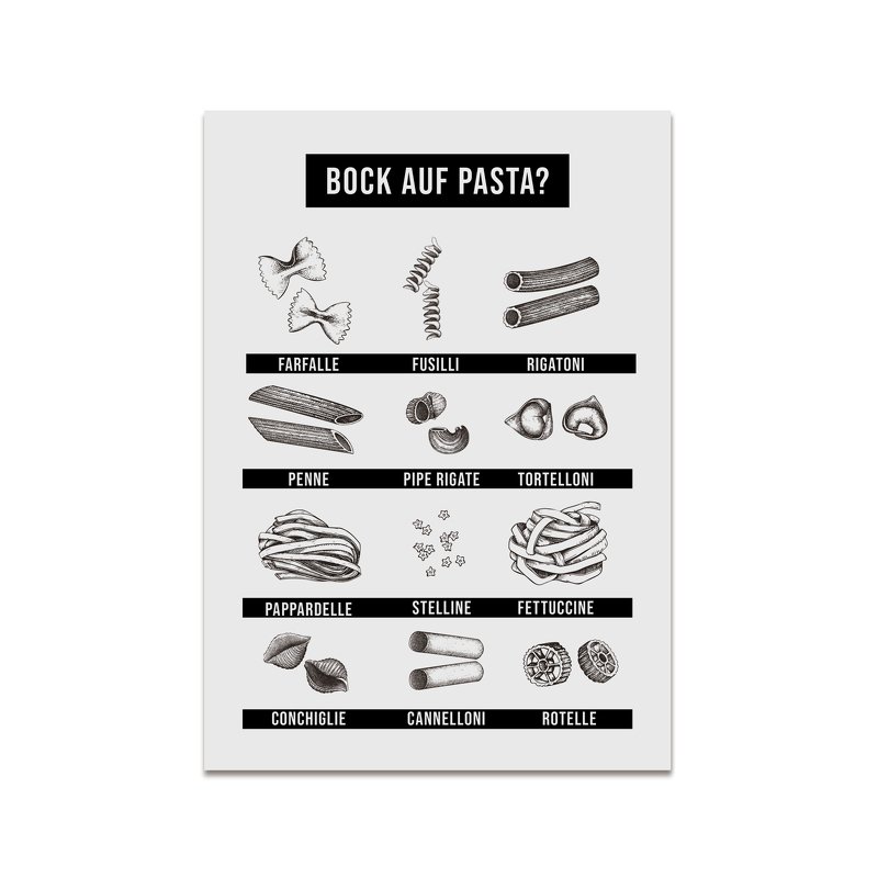 Druckbare schwarz-weiße Vorlage mit zwölf Pastasorten und Beschriftungen sowie dem Titel "BOCK AUF PASTA?"