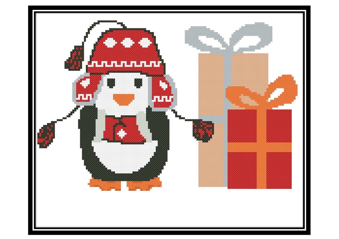 Christmas cross stitch pattern, Penguins with a hat