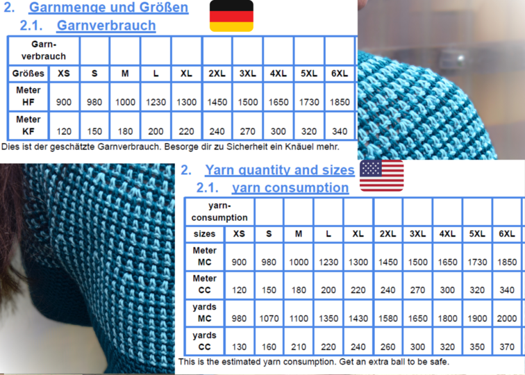 Häkelpullover, nahtlos & von oben nach unten gehäkelt, Größen XS bis 6 XL