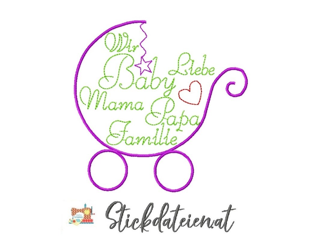 Stickdatei Kinderwagen, Stickdatei zur Geburt, Liebe Baby Stickdatei