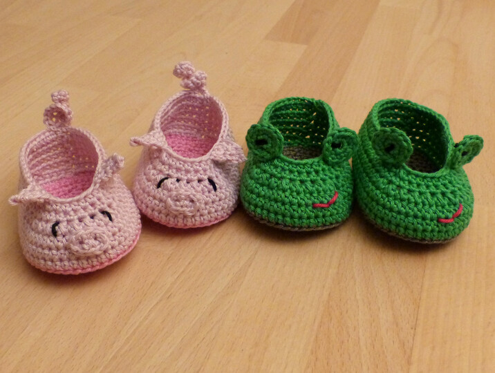 Häkelanleitung für süße Baby-Schuhe "Tiere": Frosch, Katze, Schwein, Wal