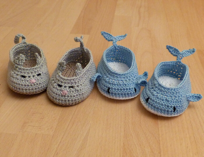 Häkelanleitung für süße Baby-Schuhe "Tiere": Frosch, Katze, Schwein, Wal