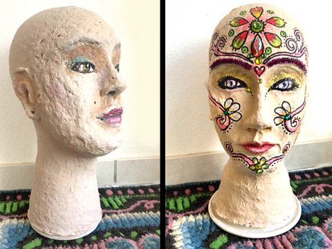 Mützen+ Perückenkopf aus Klopapier