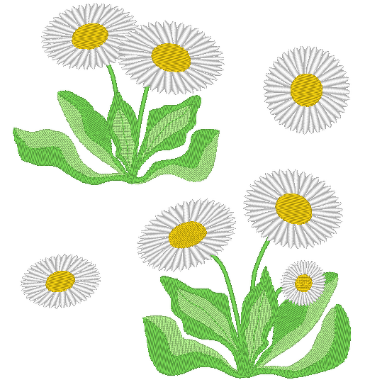 Gestickte weiße Gänseblümchen mit gelben Zentren und grünem Laub; einzelne Motive und kleine Büschel zum Kombinieren