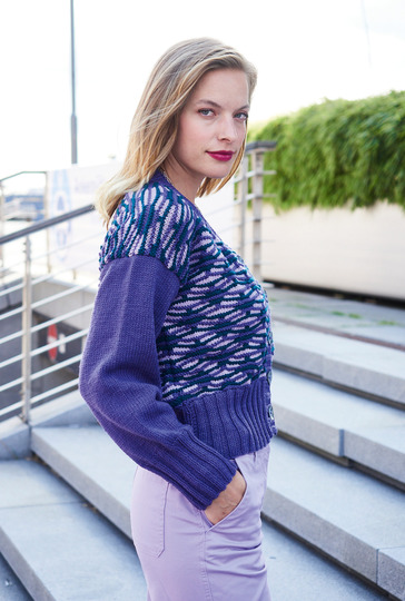 Jacke mit Hebemaschenmuster in Lila, Flieder und Tannengrün