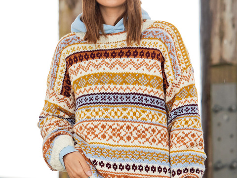 Norwegerpulli und Mütze in Hellblau, Senf, Schwarzrot, Rost, Wollweiß