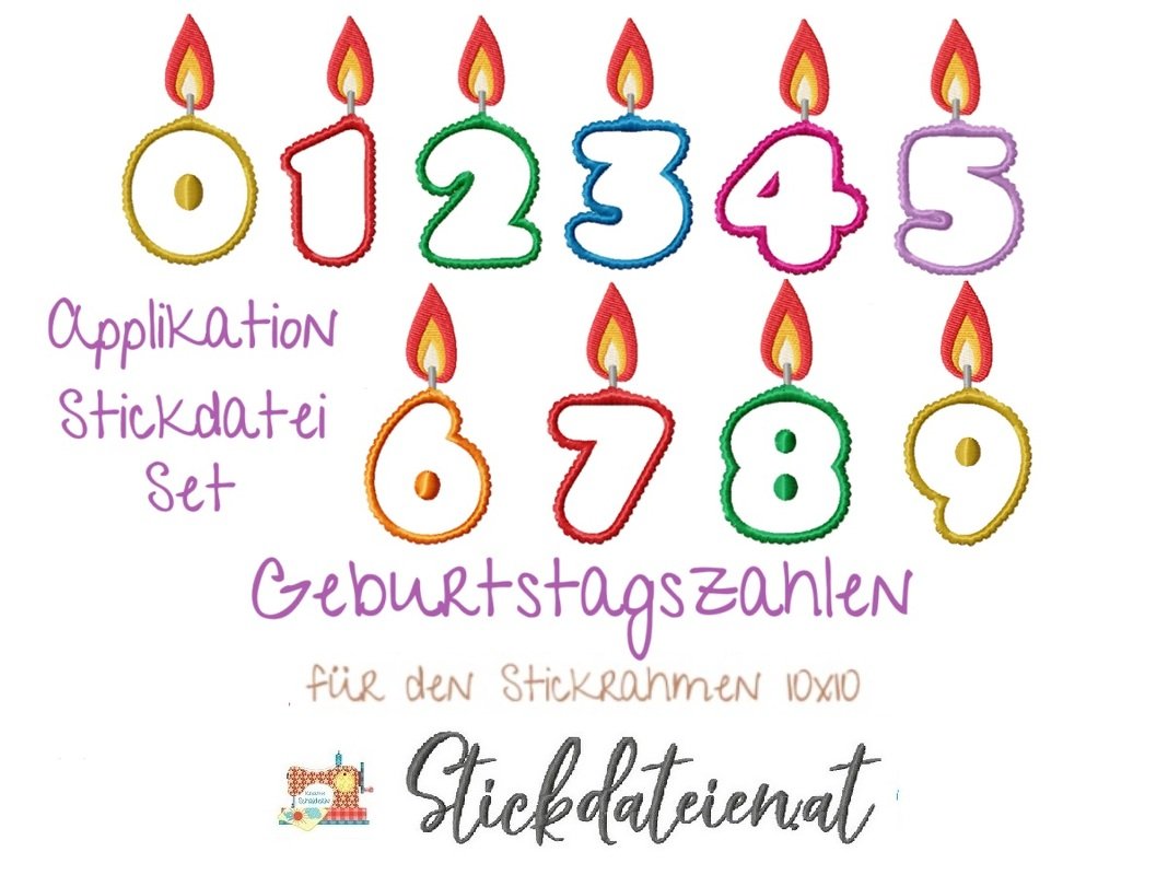 Stickdatei Geburtstagszahlen, Applikation Set, Maschinensticken, Stickdatei