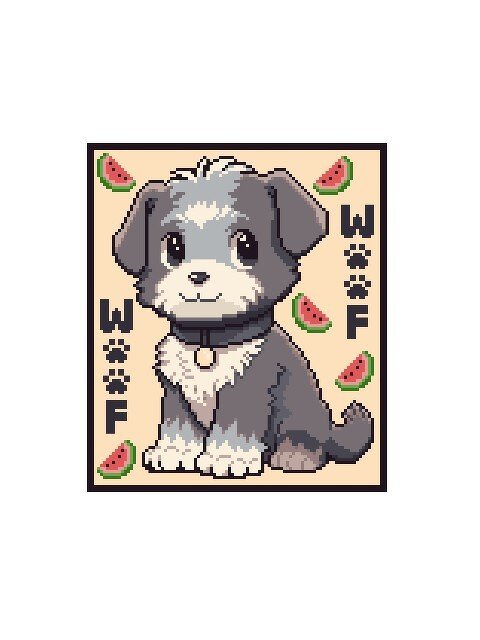 Grid-style pixel chart of a gray dog with watermelon pieces and block letters