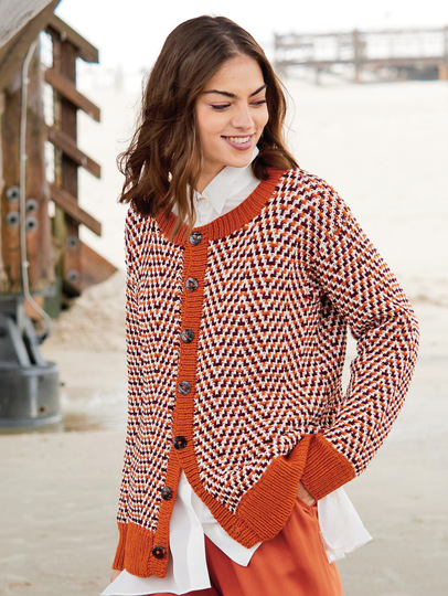 Jacke mit Hebemaschenmuster in Terracotta, Natur und Bordeaux