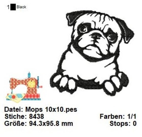 Stickdatei Mops, kleine Hunderasse Stickvorlage, süße Stickdatei in 3 Größe