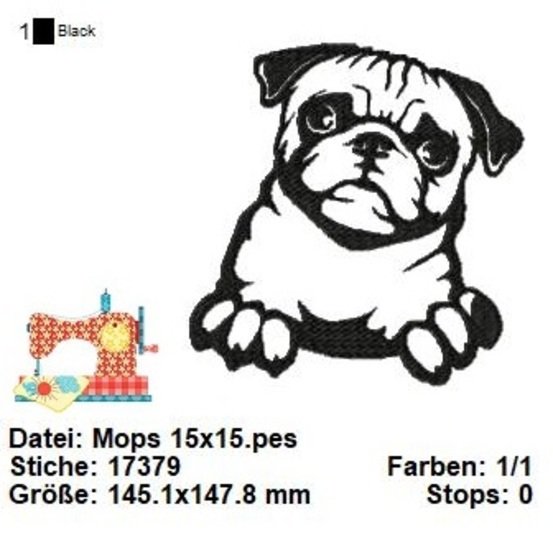 Stickdatei Mops, kleine Hunderasse Stickvorlage, süße Stickdatei in 3 Größe