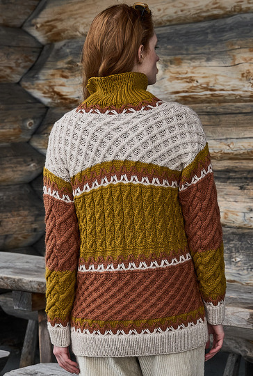 Pullover mit Zopfmustern in Rostbraun, Curry und Beige