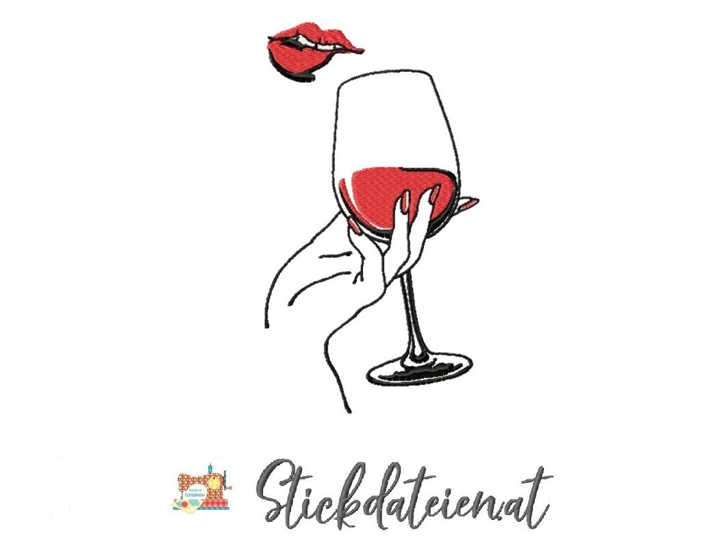 Stickdatei Weinverkostung, Weinglas mit Lippen Stickdatei, Stickvorlage