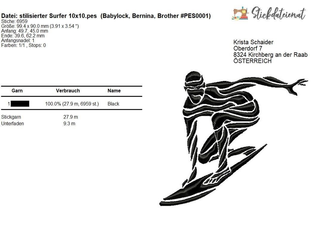 Stickdatei Surfen, Stickdatei Wassersport, Stickdatei 10x10 - Bild 2