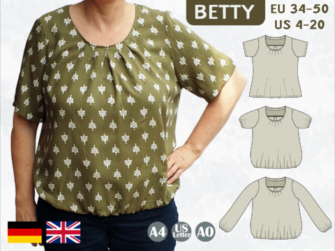 Betty loose boho blouse with pleats at neckline round neckline A4,letter,a0