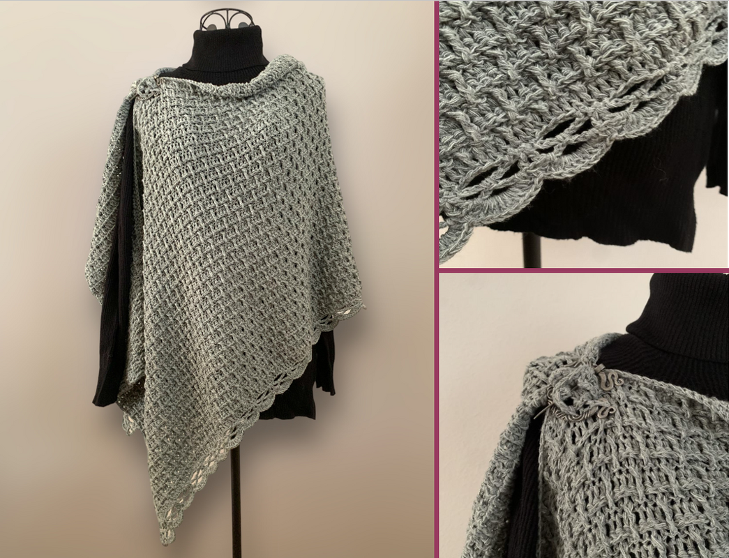 Light grey crocheted poncho with textured stitch and scalloped edge displayed on a mannequin wearing a black turtleneck.