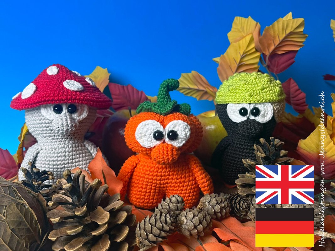 Herbst Trio Pilz Kürbis Kastanie Amigurumi Häkelanleitung