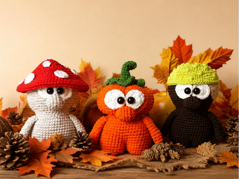Crochet pattern for an autumn trio, mushroom, pumpkin, chestnut