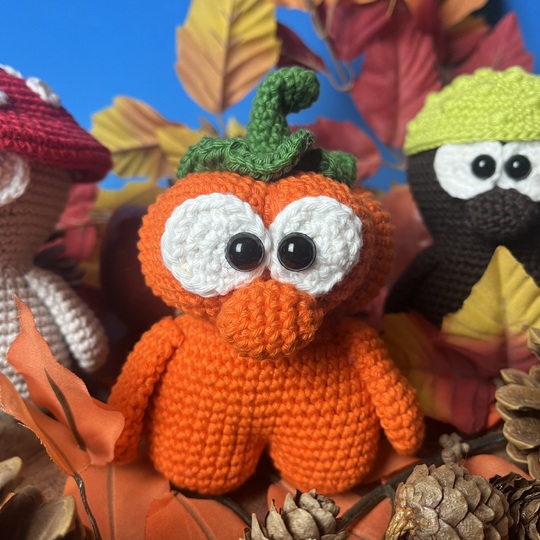 Crochet pattern for an autumn trio, mushroom, pumpkin, chestnut