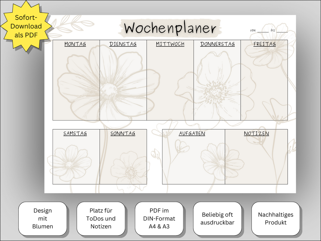 Wochenplaner‑Vorlage mit zarten Blumenillustrationen, Feldern für alle Wochentage sowie separaten Bereichen für Aufgaben und Notizen.