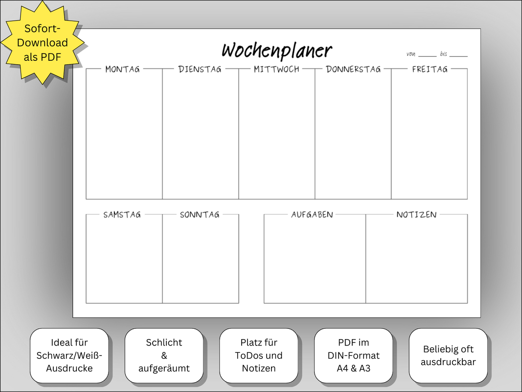 Schlichter Wochenplaner zum Ausdrucken mit Feldern für Montag bis Sonntag sowie Bereichen für Aufgaben und Notizen.