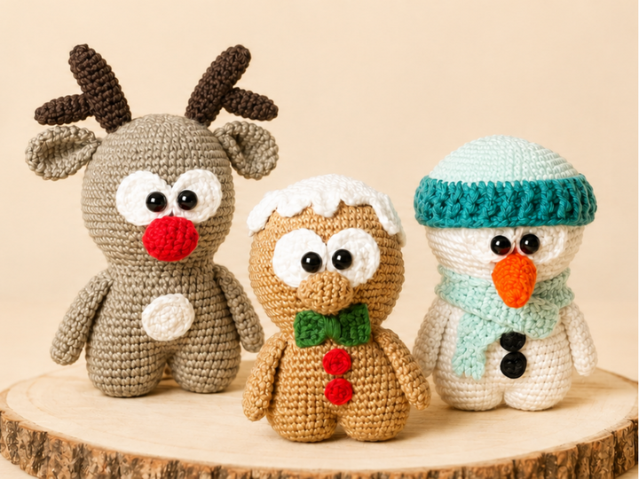 Crochet pattern winter trio snowman reindeer gingerbread