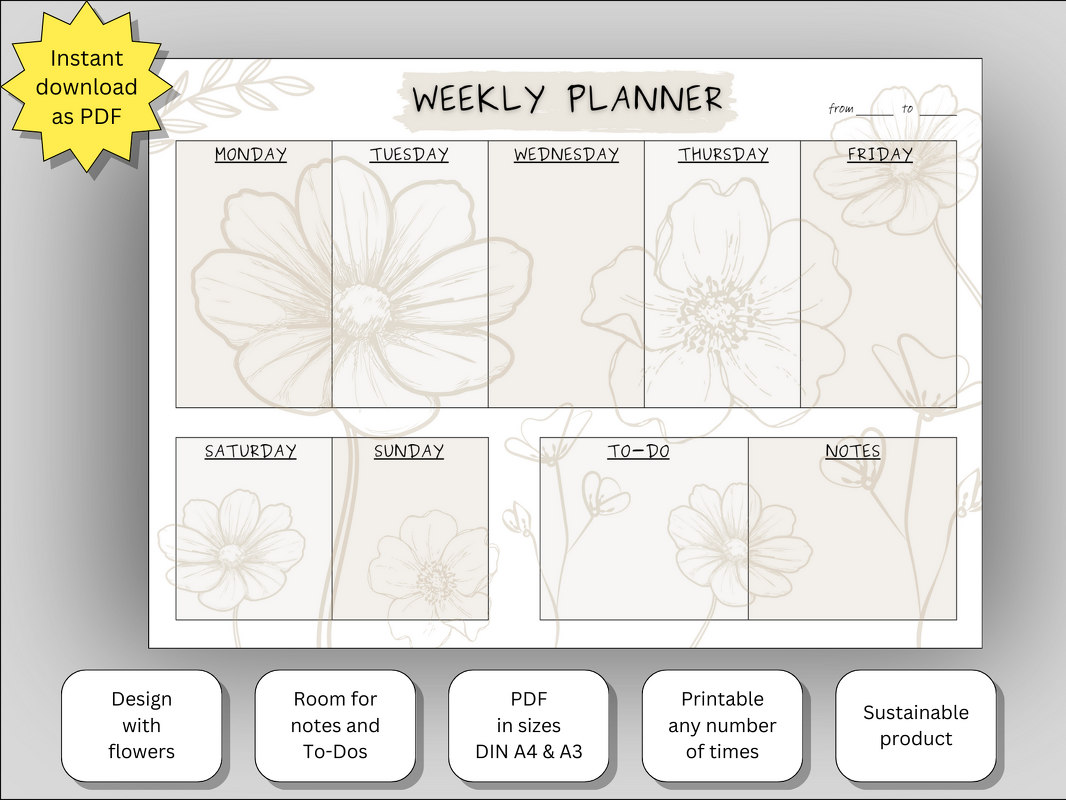 Weekly planner with todos and notes, flower design, format DIN A3 + A4, PDF