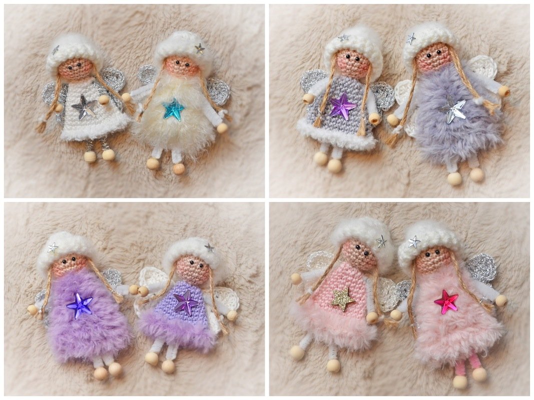 Vier Paare gehäkelter Mini-Engelchen mit Mützen, Flügeln und Sternen auf flauschigem Hintergrund.