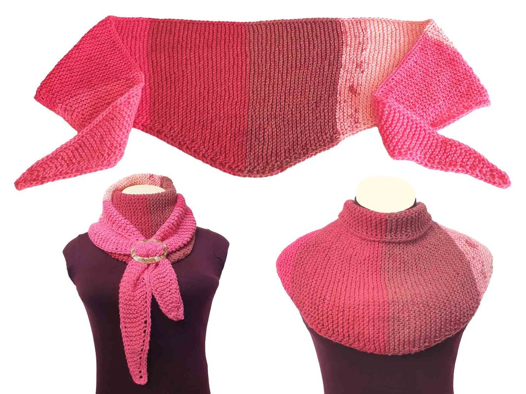 Gestricktes Dreieckstuch in Pink- und Rosatönen mit Farbverlauf, gezeigt offen, mit Schalring und als Kragen