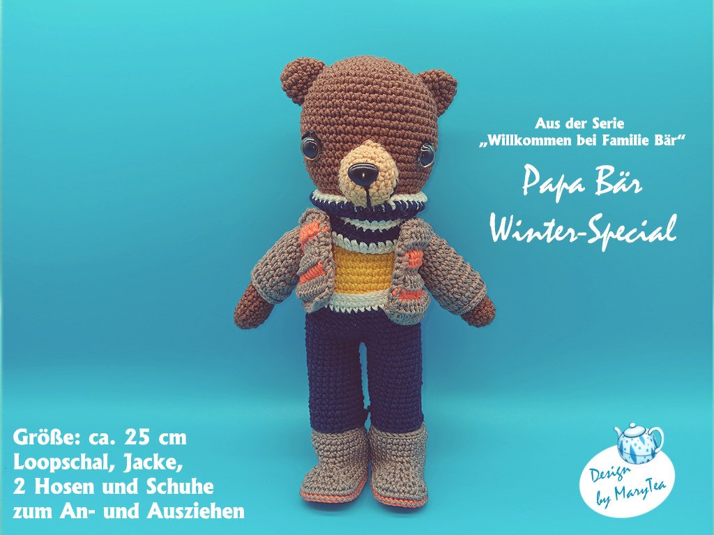 Brauner Amigurumi-Teddybär mit an- und ausziehbarer Winterkleidung und Stiefeln