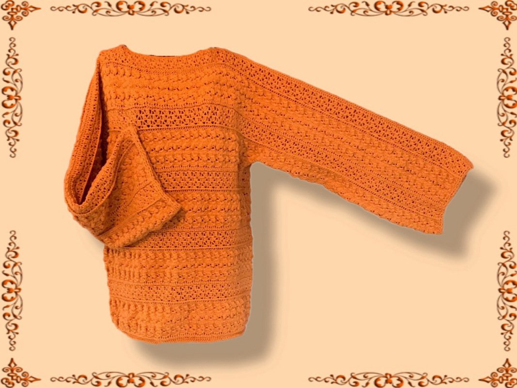 Oranger Häkelpullover mit weiten Ärmeln und abwechselnden Loch- und Strukturmustern