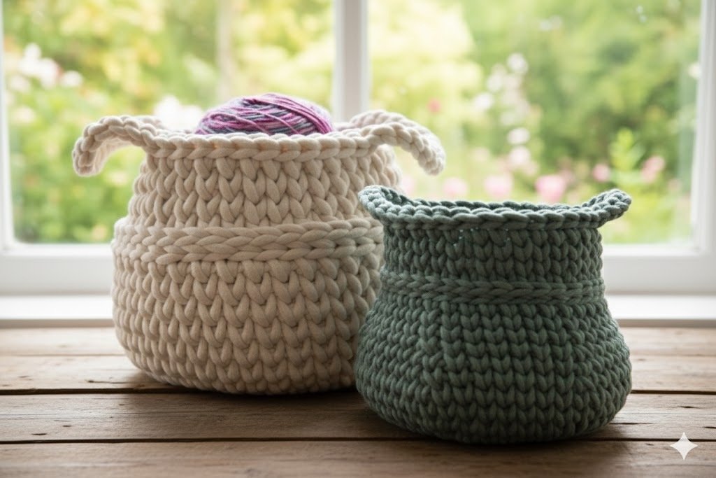 Zwei gehäkelte Körbe, einer beige mit Wollknäuel, einer mintgrün, vor einem Fenster.