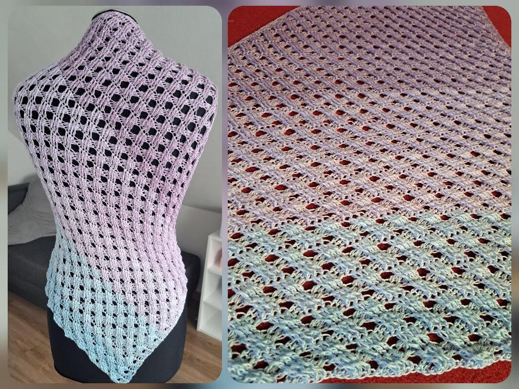 Gehäkeltes Dreieckstuch in Flieder und Mint mit Rautenmuster, drapiert auf einer Schneiderpuppe; daneben Nahaufnahme des Musters.
