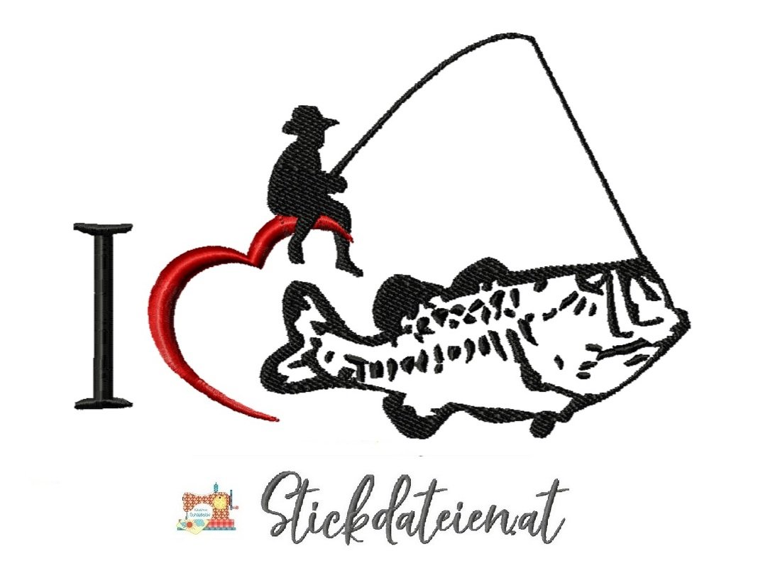 Stickdatei I Love Fischen, Fisch Stickdatei in 3 Größen, Stickdatei fischen