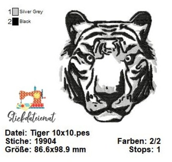 Stickdatei Tigerkopf, Stickdatei 10x10, Wildtiere Stickvorlage