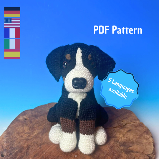Crochet pattern for a sitting Appenzeller Mountain Dog amigurumi