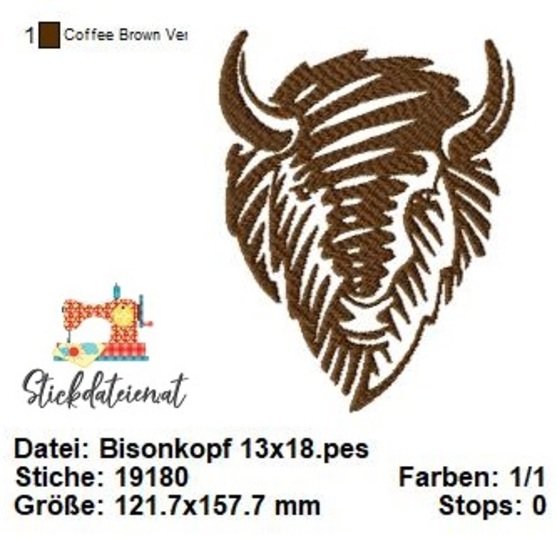 Bisonkopf Stickdatei, Prairie Stickdatei, Stickvorlage Wildtiere