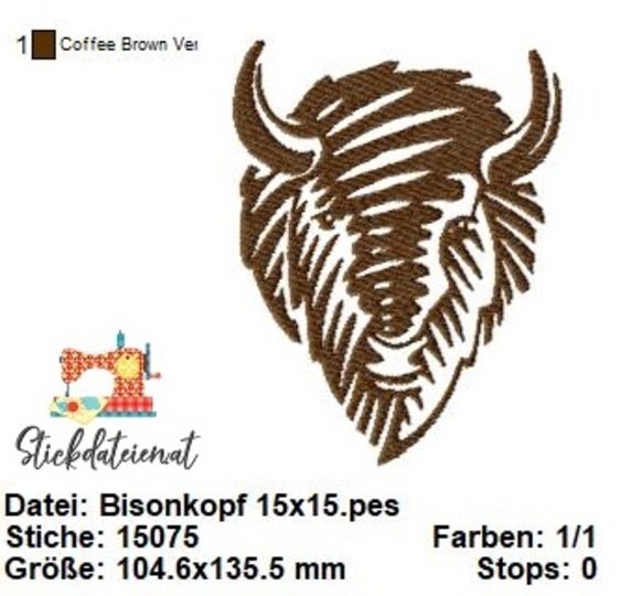 Bisonkopf Stickdatei, Prairie Stickdatei, Stickvorlage Wildtiere