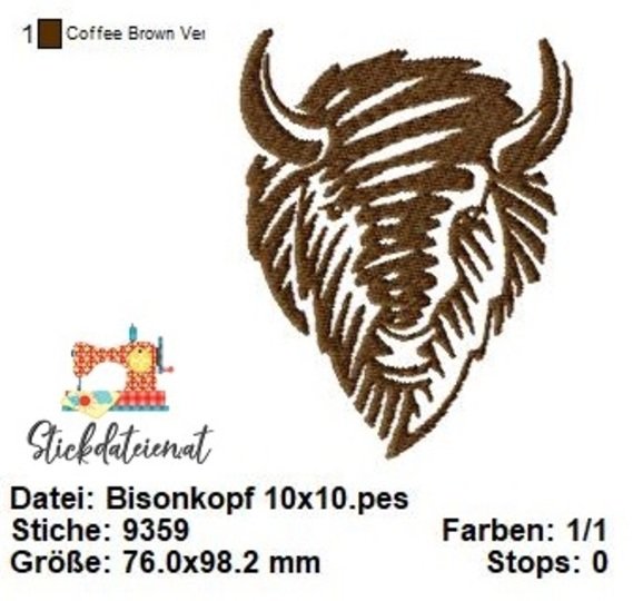 Bisonkopf Stickdatei, Prairie Stickdatei, Stickvorlage Wildtiere
