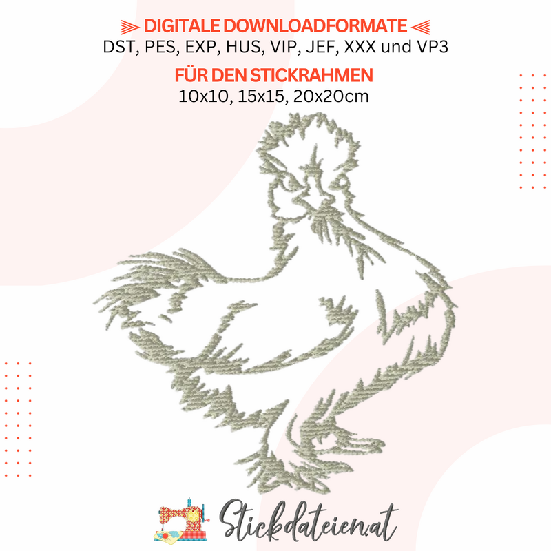 Seidenhuhn Stickdatei, Bauernhoftiere Stickdatei, Stickvorlage Landleben