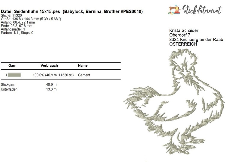 Seidenhuhn Stickdatei, Bauernhoftiere Stickdatei, Stickvorlage Landleben